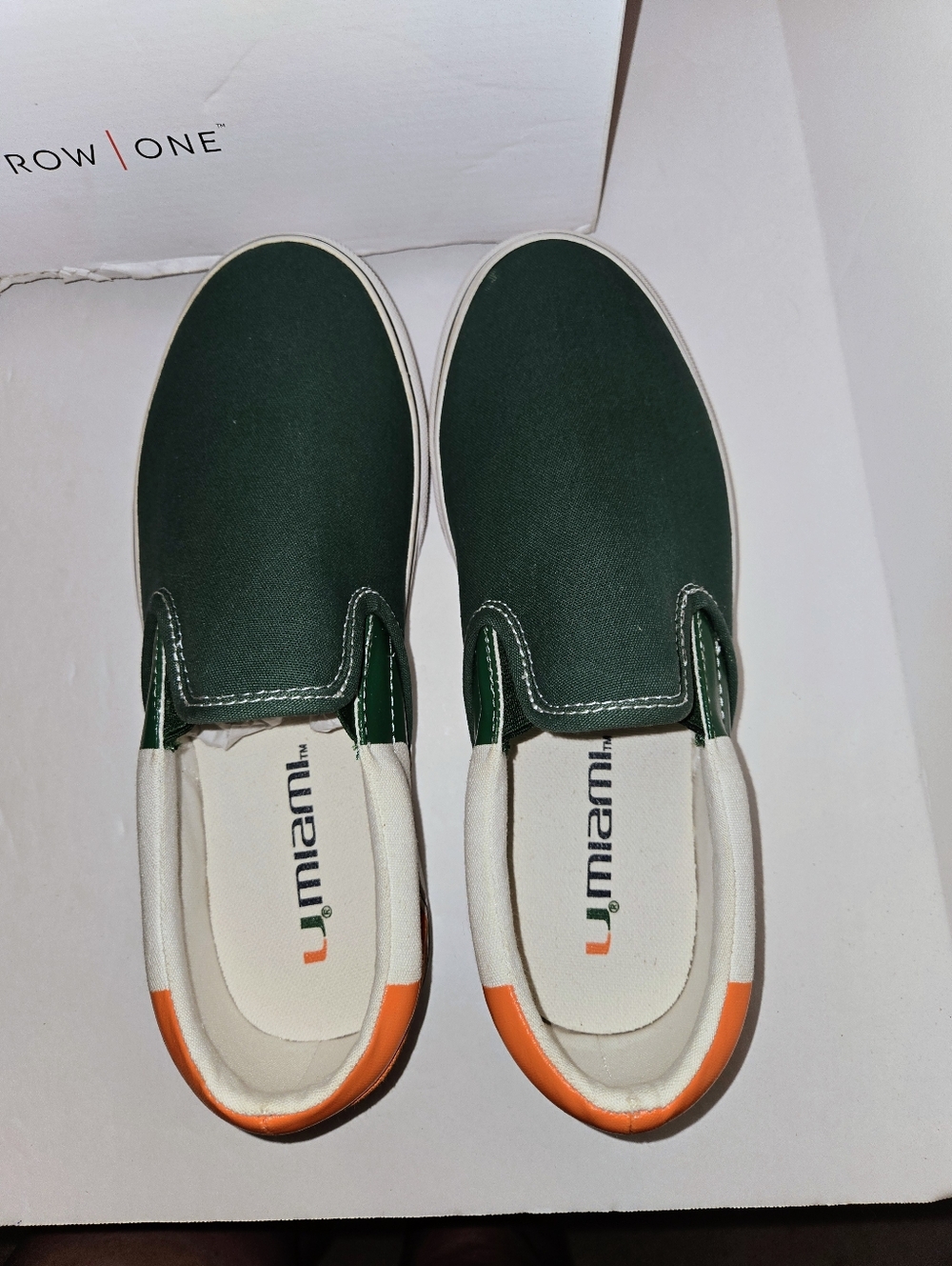 Row One Women's 7.5 U of Miami Slip-On Canvas Sneakers- Green & Orange NEW - Picture 4 of 12